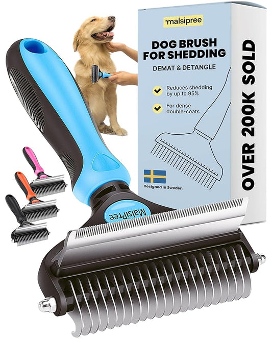 MalsiPree Dog Brush for Shedding - 2 in 1 Undercoat Rake Deshedding Tool for Medium to Large Double-Coated Dog Grooming - Pet Dematting Comb - Pet Deshedder (Blue)