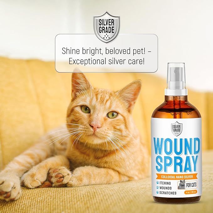 Cat Wound Care Spray with Silver – Wounds, Rashes, Hot Spots, Itch, Scratching, Irritation, Bites & Burns – Use a Cat Cone to Prevent Licking – Safe Formula – 4 Oz