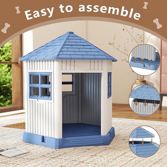 DRATO Dog House Indoor Outdoor Durable Large Dog Shelter with Outside Dog Kennel with Window and Elevated Floor for Small Medium Dogs (Blue, 34.8 * 30.51 * 36.89)