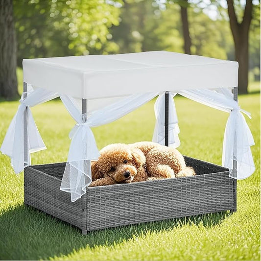 Wicker Dog House Outdoor Indoor with Canopy, Weatherproof Outside Dog Shelter Bed with Cushion, 4Sided Mesh Windows, Pet House Tent Shade for Small Medium Dogs, Rattan Dog Cot for Patio Yard Gray