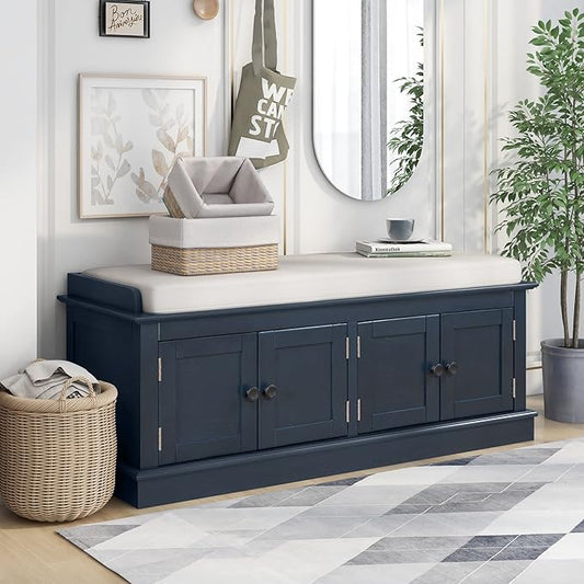 Storage Bench with 4 Doors and Adjustable Shelves, Shoe Bench with Removable Cushion for Living Room, Entryway 42.7" L x 16" W x 17.4" H (Antique Navy)