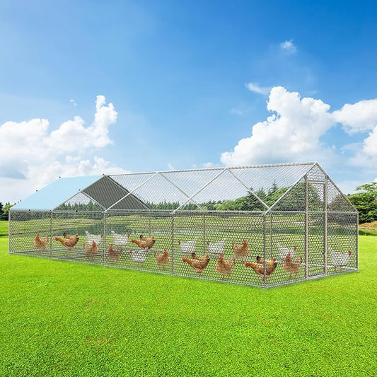 4ever2buy Large Metal Chicken Coop with Run Walk-in Poultry Cage Chicken Runs House Pen Cage Spire Roofed Chicken Coops with Anti-Ultraviolet Cover for Outdoor Backyard Farm Use 9.5’Lx24.9’Wx6.4’H