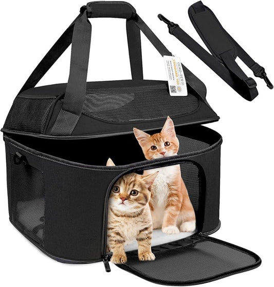 Large Cat Carrier for 2 Cats, Soft Side Carrier for Kitten Puppy, Collapsible Travel Dog Carrier TSA Airline Approved Cat Carrier Backpack for 20 lbs Pets,Black