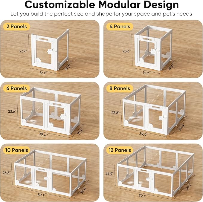 Acrylic Clear Dog Play Pen Indoors, Puppy Playpen with Door for Small Dogs Puppies, Transparent Plastic Pet Playpen Cage Fence Crate Kennel for Cat Kitten Rabbit Bunny Ferret etc (White-12 Panels)