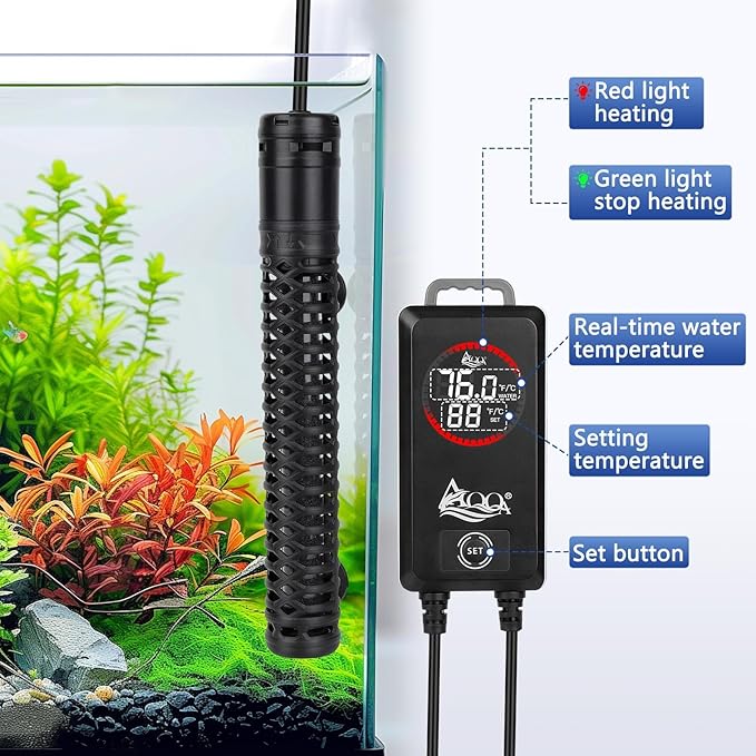 AQQA Aquarium Heater,Submersible Fish Tank Heater 59-93°F/15-34°C External Controller,Rapid Heating,Ultra-high Temperature Protection,Automatic Power-Off When Leaving Water (500W for 80-135 Gallon)
