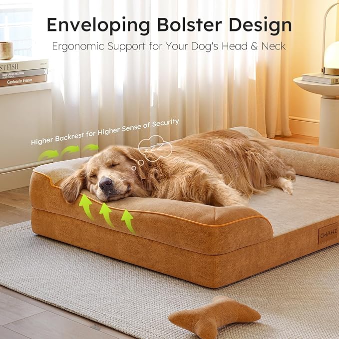 XXL Dog Bed for Extra Large Dogs, Giant Orthopedic Dog Bed with Cooling Gel Memory Foam, Waterproof Pet Bed with Removable Washable Cover, 53" Pet Sofa Bed Dutch Velvet with Bone Toy, Brown