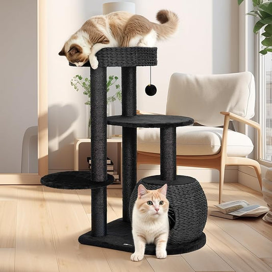 KAMABOKO Modern Cat Tree, 39" Tall Cat Trees for Indoor Cats, Cat Condo Natural Sisal with Scratching Posts, Hand-Woven Tower & Top Perch, Cat-Tree for Kittens Climb Play & Rest Black