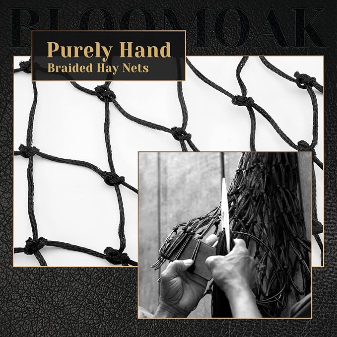 Bloomoak Slow Hay Net Feeder for Horses, Durable Soft Black PE 2/3 String Hay Bales Bags, Fit 36x18x18 to 47x25x17 Inches, Extends 50-64 Inches (2 1.6" Hole/2PC)