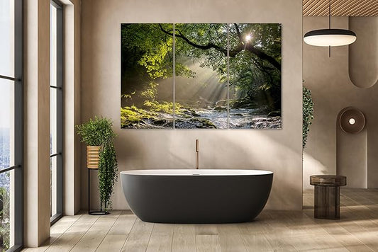 Nature Wall Art Prints - Ocean Forest Mountain Lake Canvas Landscapes - Small to Extra Large Living Room Bedroom Kitchen Bathroom Décor (Rocky River in the Woods, 55L" x 83W"- 3 Panels)