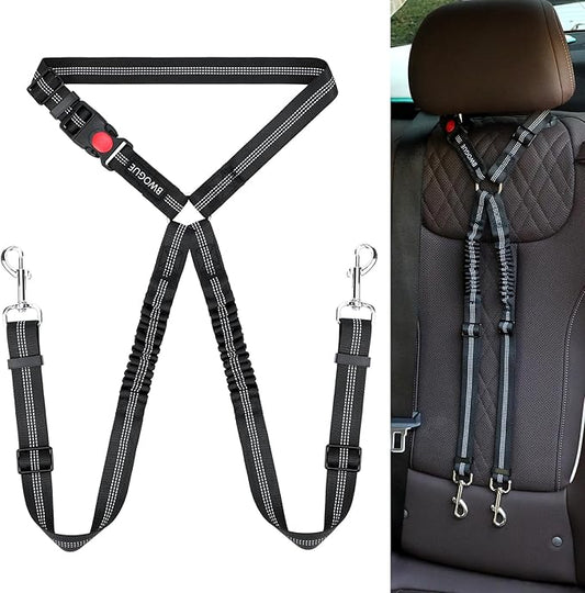 BWOGUE Double Dog Cat Seat Belts, Car Headrest Restraint Adjustable Travel Leash,Safety Elastic Leads Splitter Connect Vehicle Seatbelt Harness for 2 Dogs