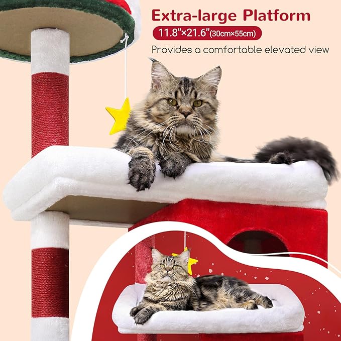 Globlazer Heavy Duty Cat Trees for Large Cats, Sturdy 72in Maine Coon Cat Tree for Large 20 lbs+ Heavy Duty Cat Tower for Adult Biggest Cats with 6 Scratching Posts, Hammock, S72, Red White Green