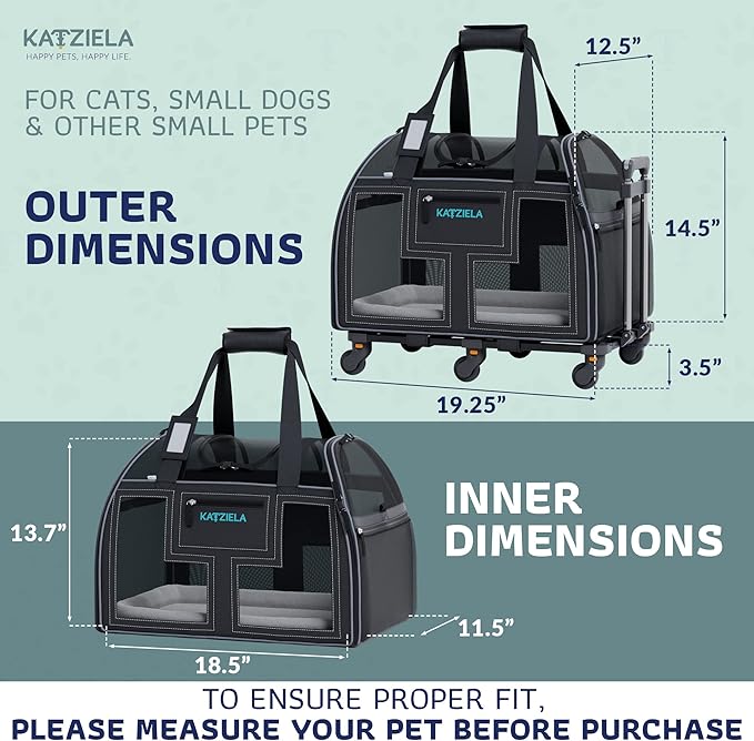 Airline Compliant Pet Carrier - Rolling Portable Travel Carry Crate for Small Dog, Puppy or Cat - Soft Removable Wheeled Design with Mesh Window Sides - Airplane and TSA Compliant- by Katziela