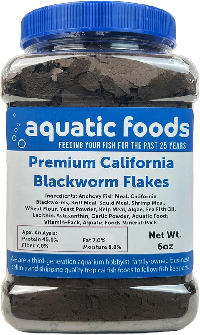 Aquatic Foods Inc. California Blackworm 45% Protein Premium Flakes for Discus, Cichlids, All Tropical Fish Also Pellet Mix, Wafer Mix Included…6oz