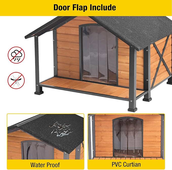 Aivituvin Dog House with Anti-Chewing Metal Frame Outdoor Large Wooden Dog Kennel Outside with Overhang Roof Large Porch Weatherproof