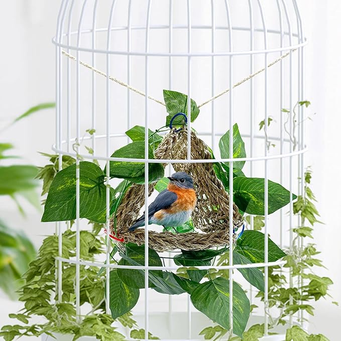 BNOSDM Bird Seagrass Mat, 3 PCS 7.1 x 7.1 Inches Parrot Natural Seagrass Woven Bird Net Hammock Mat, Parakeet Climbing Rope Ladder Chew Toys Hut Hideout for Lovebird Cockatiel Conure Budgie