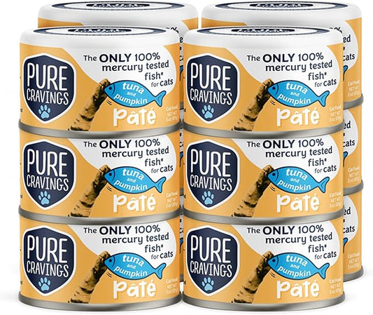 Tuna and Pumpkin Pate, Canned Wet Cat Food, 100% Mercury-Tested, Moist Can Fish, Grain-Free Protein, Non-GMO, 12 Pack