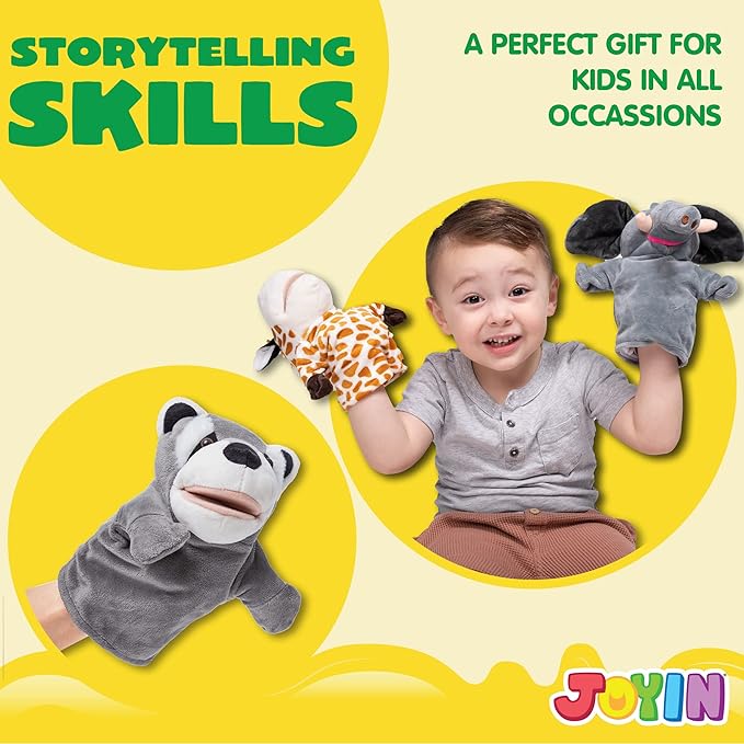 JOYIN 6Pcs Kids Hand Puppet Set with Working Mouth, Toddler Animal Plush Toy Includes Elephant, Giraffe, Lion, Bear, Raccoon and Monkey for Show Theater, Christmas Birthday Gifts for Kid Age 3+