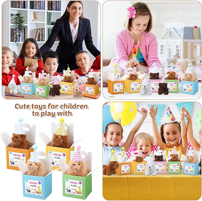 20 Pcs Mini Plush Dog Bulk 4 Inch Small Stuffed Puppy Set Include 20 Adopt a Pet Kraft Paper Boxes and 20 Cute Cone Hats Soft Dog Animals for Kids Birthday Adopt a Puppy Favor Gifts