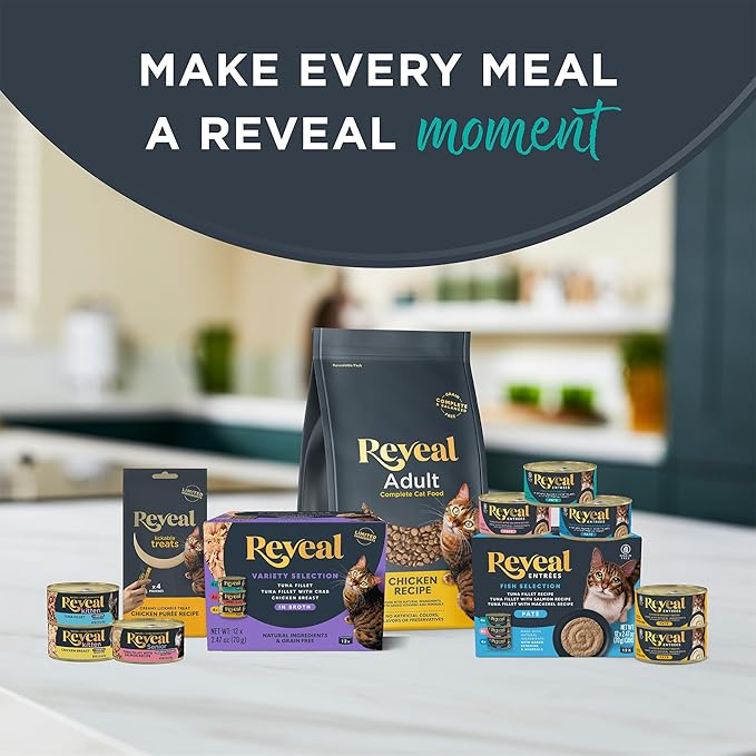 Reveal Natural Wet Canned Cat Food, Limited Ingredient, Grain-Free, Protein with No Artificial Additives, Fish Variety in Broth (12 x 2.47 oz Cans)