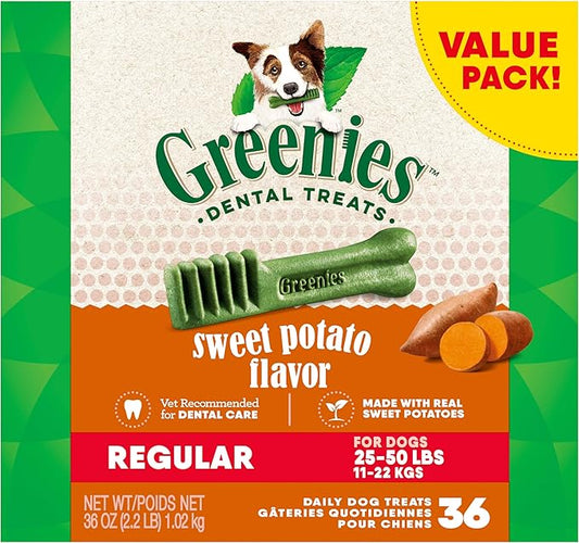 Greenies Regular Dental Dog Treats, Sweet Potato Flavor, 36 oz. Pack (36 Treats)