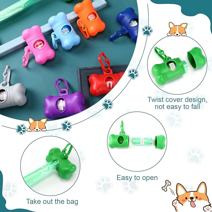 Zhehao 120 Pcs Bone Shaped Dog Poop Bag Dispensers with Disposal Small Dog Waste Bag Holder with Hook for Pet Puppy Walking Hiking Camping, 8 Colors