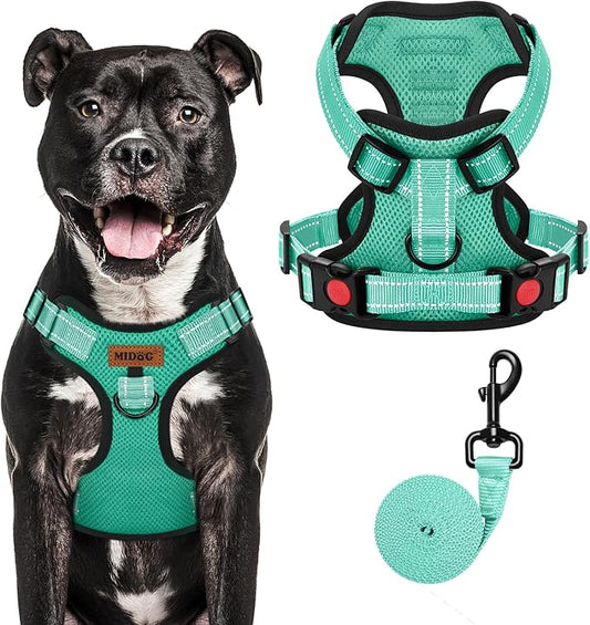 MIDOG No-Pull Dog Harness | Adjustable & Reflective Pet Harness Leash Set for Small Medium Large Dogs Walking, Training| No Choke, Front Clip, Soft Padded Vest with Easy Control Handle - Green, L