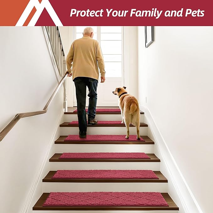 COSY HOMEER Edging Stair Treads Non-Slip Carpet Mat 28inX9in Indoor Stair Runners for Wooden Steps, Edging Stair Rugs for Kids and Dogs, 100% Polyester TPE Backing (15pc, Red)