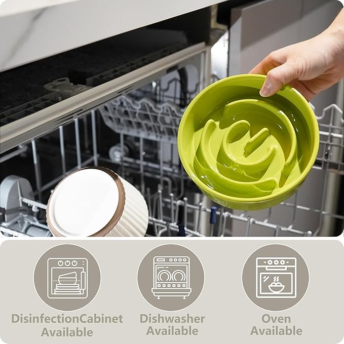 Ceramic Slow Feeder and Water Bowl Set for Small Dogs, Ceramic Dog Bowls Elevated with Wooden Stand, 0.6 Cups Dog Slow Feeder(14oz) and 30oz Water Bowl Set, Green