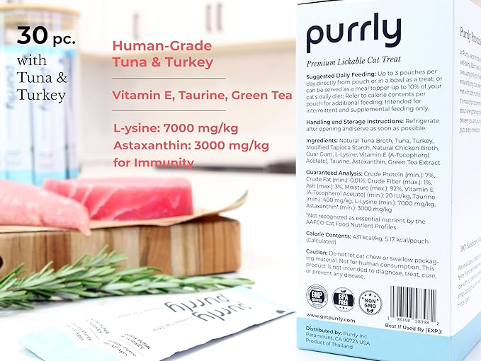 Purrly Healthy Premium Cat Treats Snack Topper Tuna Variety Bundle (90 Count) Lickable Wet Squeezable Hydrating Interactive Seafood Grain-Free Naturally Flavored Non-GMO No-Preservative