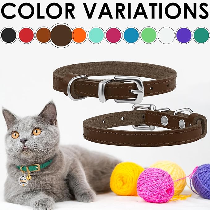 BRONZEDOG Leather Cat Collar with Removable Bells Non Breakaway Kitten QR Tag for Girl Boy (9" - 12" Cats/Mini Dogs, Brown & Silver)