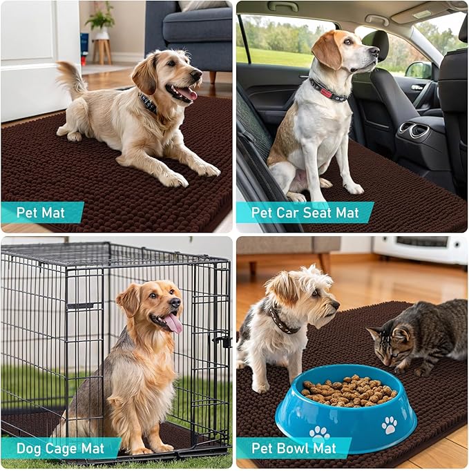 OLANLY Dog Door Mat for Muddy Paws 59x35, Absorbs Moisture and Dirt, Absorbent Non-Slip Washable Doormat, Quick Dry Chenille Mud Mat for Dogs, Entry Indoor Entryway Carpet for Inside Floor, Brown