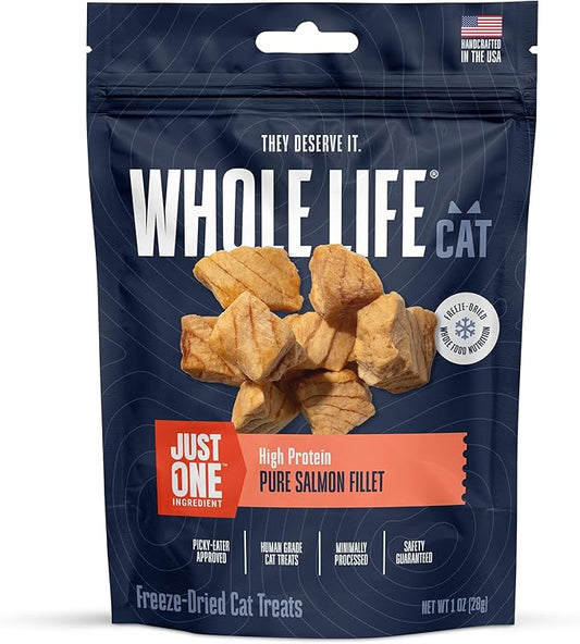 Whole Life Cat Just One Salmon Freeze Dried Cat Treats - Human Grade High Protein Food, Healthy Training Snacks, Freeze Dried Salmon Food Toppers, USA Made Natural Treats - 1 oz (Pack of 1)