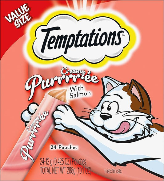 Temptations Creamy Puree Squeezable Lickable Wet Cat Treats with Salmon, 0.42 oz. Tubes, 24 Count