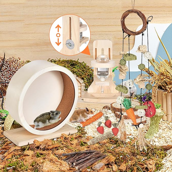 antiai 9.8 Inch Wooden Hamster Exercise Wheel Set,Silent Wheel Quiet Spinner Hamster Running Wheels,Hamster Water Feeder Accessories Chew Toys for Hamsters, Gerbils, Mice and Other Small Pets,9 pcs