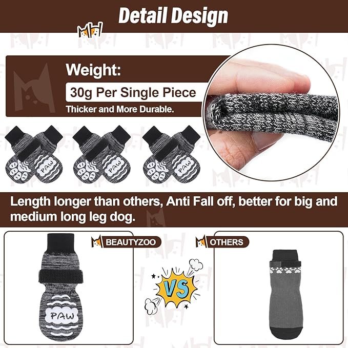 BEAUTYZOO Anti Slip Dog Socks for Small Medium Large Dogs,Paw Protector with Grips for Hardwood Floor Hot/Cold Pavement,Traction Control 3 Pairs AntiTwist Dog Shoes to Prevent Licking for Senior Dog