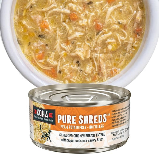 KOHA Pure Shreds Chicken Entrée for Cats, High Protein Wet Cat Food, 2.8oz Cans (Pack of 24)