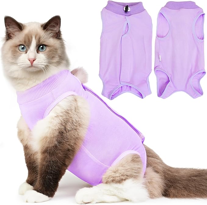 Cat Recovery Suit for Spay Abdominal Wound, Breathable Kitten Onesie for Cats After Surgery, Anti Licking Cat Cone Alternative, Pet Surgery Recovery Shirt-Purple(L)