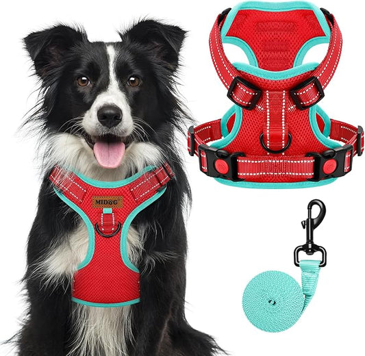 MIDOG No-Pull Dog Harness | Adjustable & Reflective Pet Harness Leash Set for Small Medium Large Dogs Walking, Training| No Choke, Front Clip, Soft Padded Vest with Easy Control Handle - Red, XL