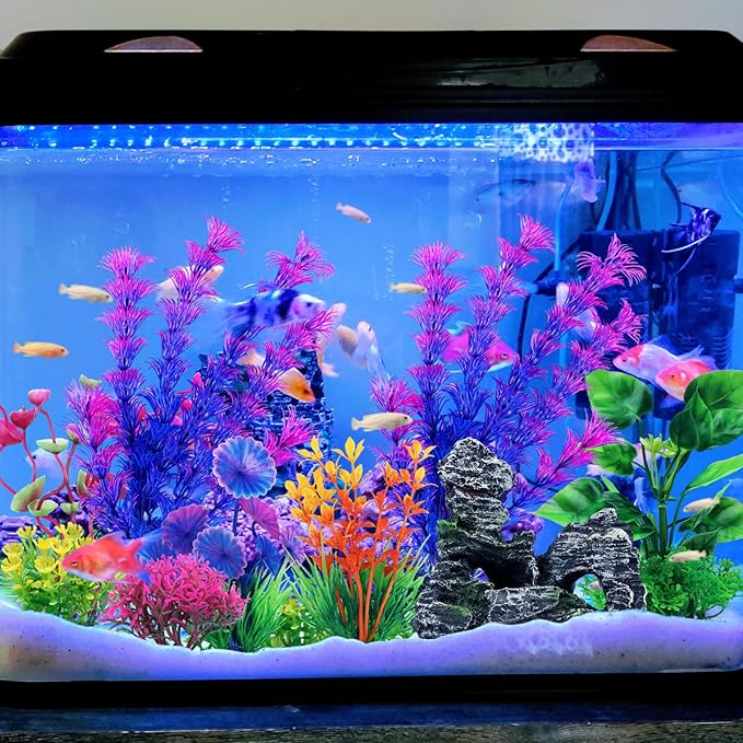 Fish Tank Accessories Aquarium Decorations Plants, 9pcs Colorful Fish Tank Artificial Plants and Cave Rock Decor Set, Aquarium Decor Plastic Plants