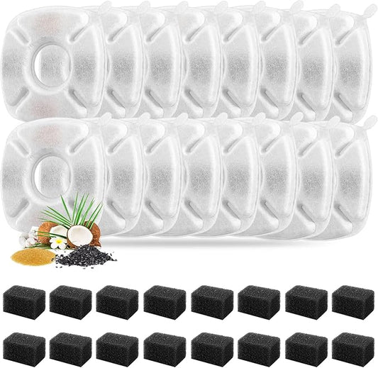 32 Pcs Cat Fountain Replacement Filters 16 Pack Cat Water Fountain Replacement Filters with 16 Pack Pre-Filter Sponges, Pet Fountain Filter Fit for 95oz/2.8L Automatic Pet Fountain Cat Water Fountain