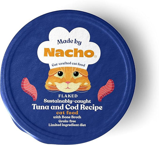 Made by Nacho Wet Cat Food, Minced Tuna and Cod in Bone Broth for Hydration with Prebiotics, High Protein, 2.5oz Cups (10 Pack)