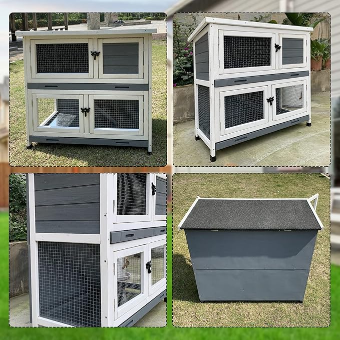 2 Story Solid Wood Rabbit/Bunny Hutch with 2 Large Main Rooms, Indoor Outdoor Rabbit House Guinea Pig Cage Pet House for Small Animals with Ventilation Door Removable Tray Waterproof Roof (Grey)