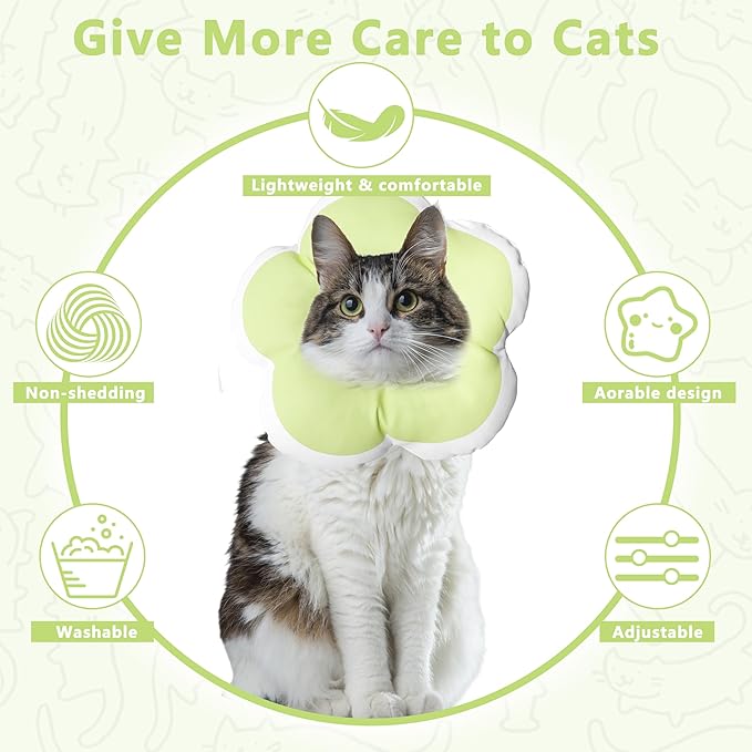 Cat Cone Collar Soft, Waterproof Cats Cones to Stop Licking After Surgery, Adjustable Soft Elizabeth Cats Collars for Wound Healing, Flower Shape Cat Recovery Collar (Green, X-Small)