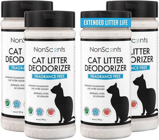 NonScents Cat Litter Deodorizer - Litter Box Odor Eliminator - Less Scooping Extends Kitty Litter Lifespan - Fragrance-Free Formula Eliminates Unpleasant Cat Odors - Fresh Scent Litter Pans (4-Pack)