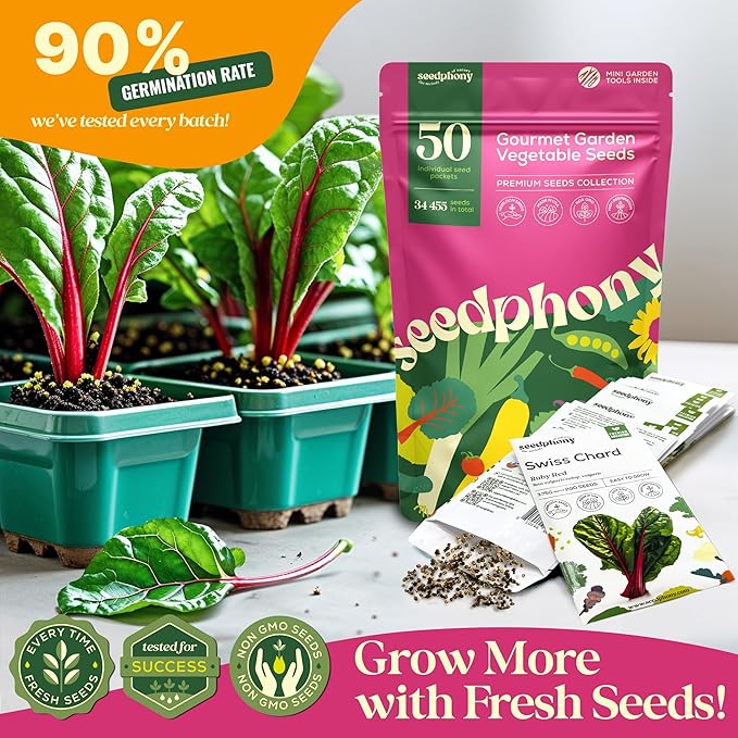 50 Gourmet Garden Vegetable Seeds Variety Pack - 34,455+ Non-GMO Heirloom Vegetables Seeds for Planting Indoor Outdoor: Broccoli, Carrot, Onion, Lettuce, Pepper - Gardening Seed Packets