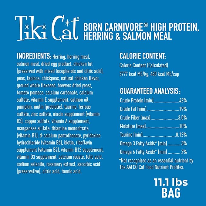 Tiki Cat Born Carnivore High Protein Dry Cat Food, Herring & Salmon Meal, 11.1 lbs. Bag