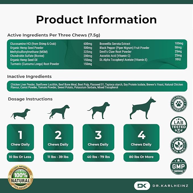 Glucosamine for Dogs - Max Strength Hip and Joint Supplement for Dogs - MSM, Chondroitin, Hemp Oil, Turmeric - Mobility Support and Pain Relief - 120 Chewable Tablets (Chicken Flavor)