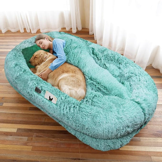 Human Dog Bed, 71''x45''x12'' Size Fits You and Pets, Washable Faux Fur Pet Bed for People Doze Off, Napping Orthopedic Dog Bed, Present Plump Pillow, Blanket, Strap - GreenWhite
