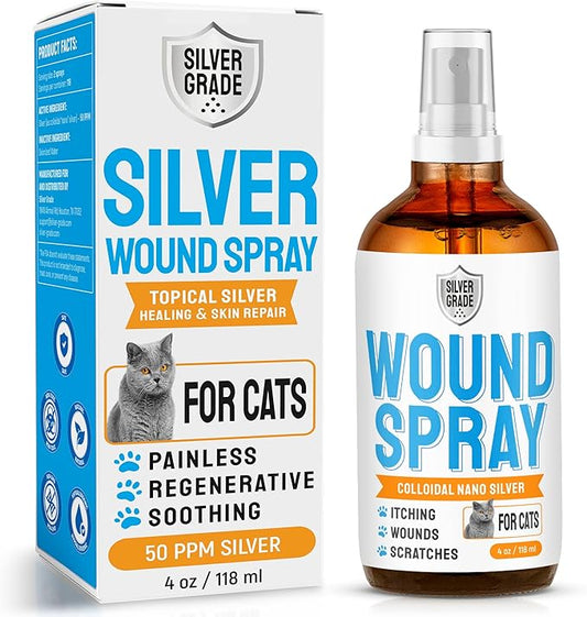 Cat Wound Care Spray with Silver – Wounds, Rashes, Hot Spots, Itch, Scratching, Irritation, Bites & Burns – Use a Cat Cone to Prevent Licking – Safe Formula – 4 Oz