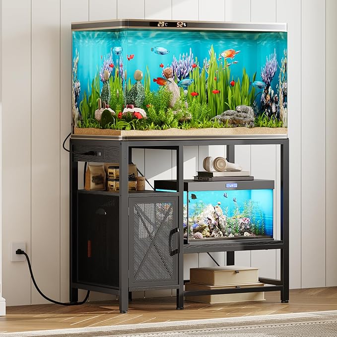 40-50 Gallon Fish Tank Stand, Aquarium Stand with Power Outlet and Storage Cabinet, Heavy Duty Tank Stand Suitable for Turtle Tank, Reptile Terrarium, for Home Office, Black FTBK50E01